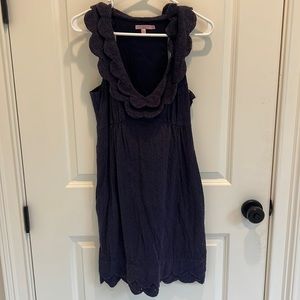 Calypso St. Barth navy dress with scalloped hemline and collar detail, size S